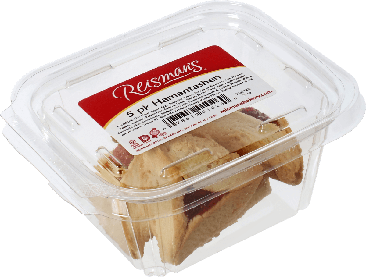 Packaged Hamantaschen with Reisman's label on a clear container against a white background